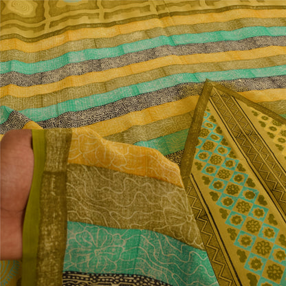 Sanskriti Vintage Saree Green Pure Crepe Silk Abstract Print Sari 5.5+Yd Fabric