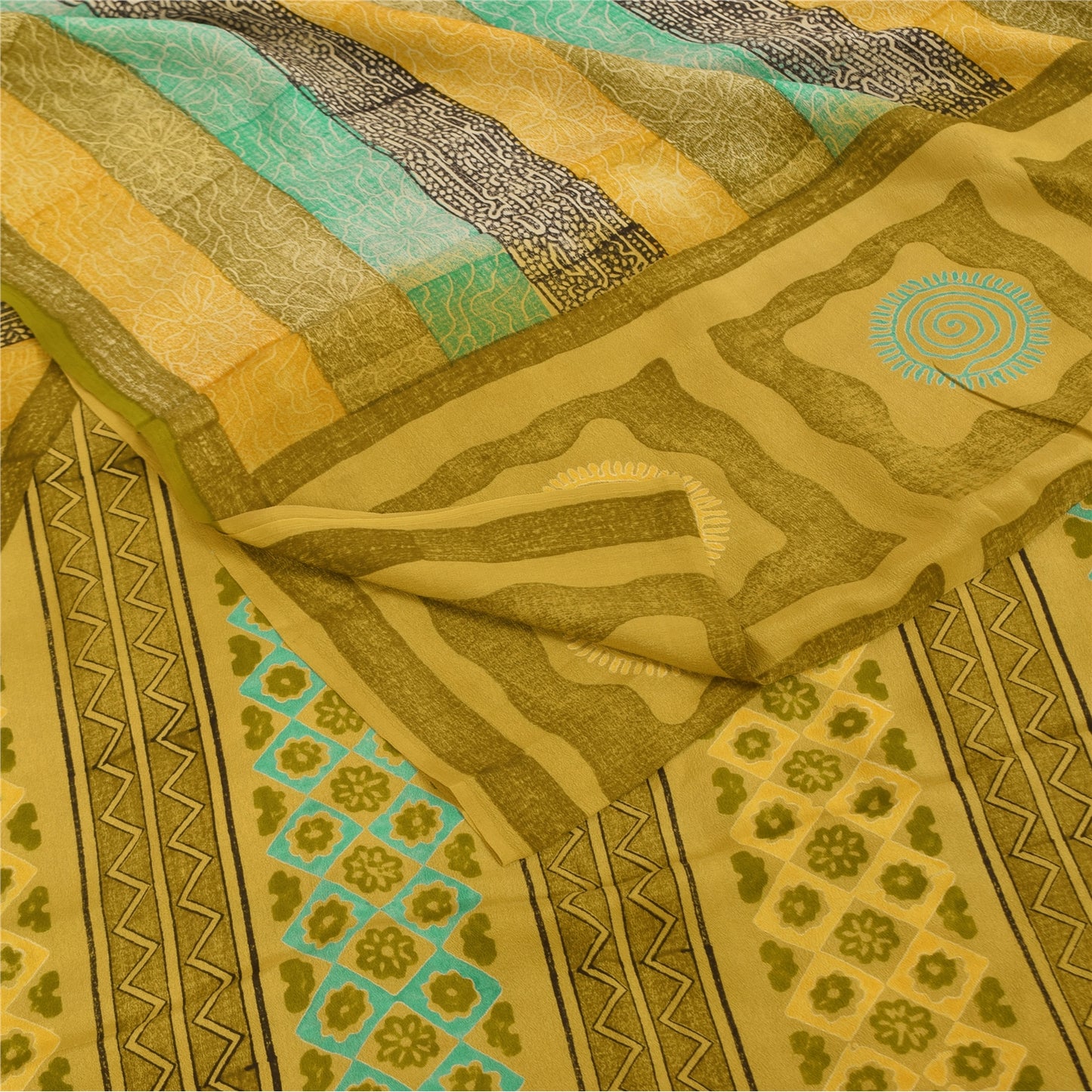 Sanskriti Vintage Saree Green Pure Crepe Silk Abstract Print Sari 5.5+Yd Fabric