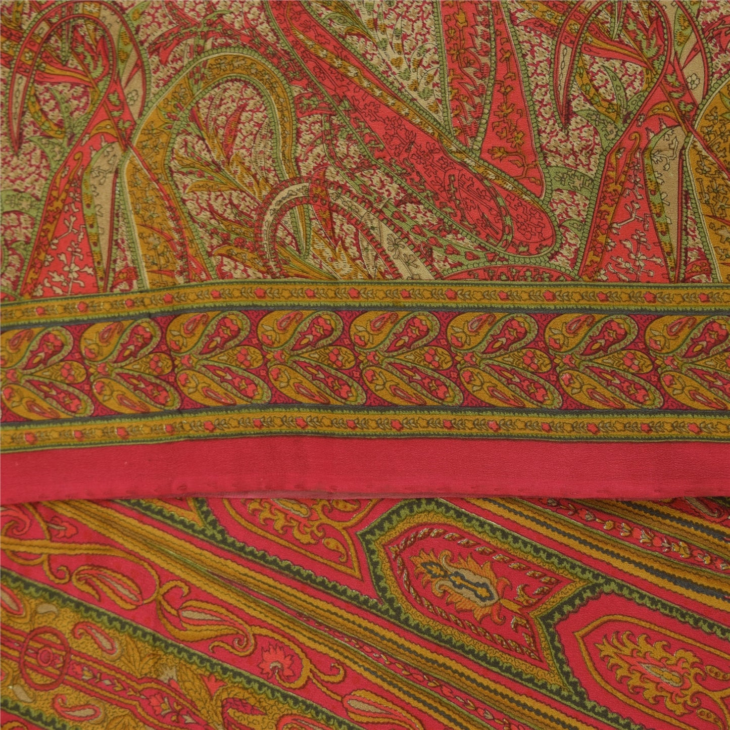 Sanskriti Vintage Sarees Red 100% Pure Crepe Silk Printed Sari 5+yd Craft Sustainable Fabric