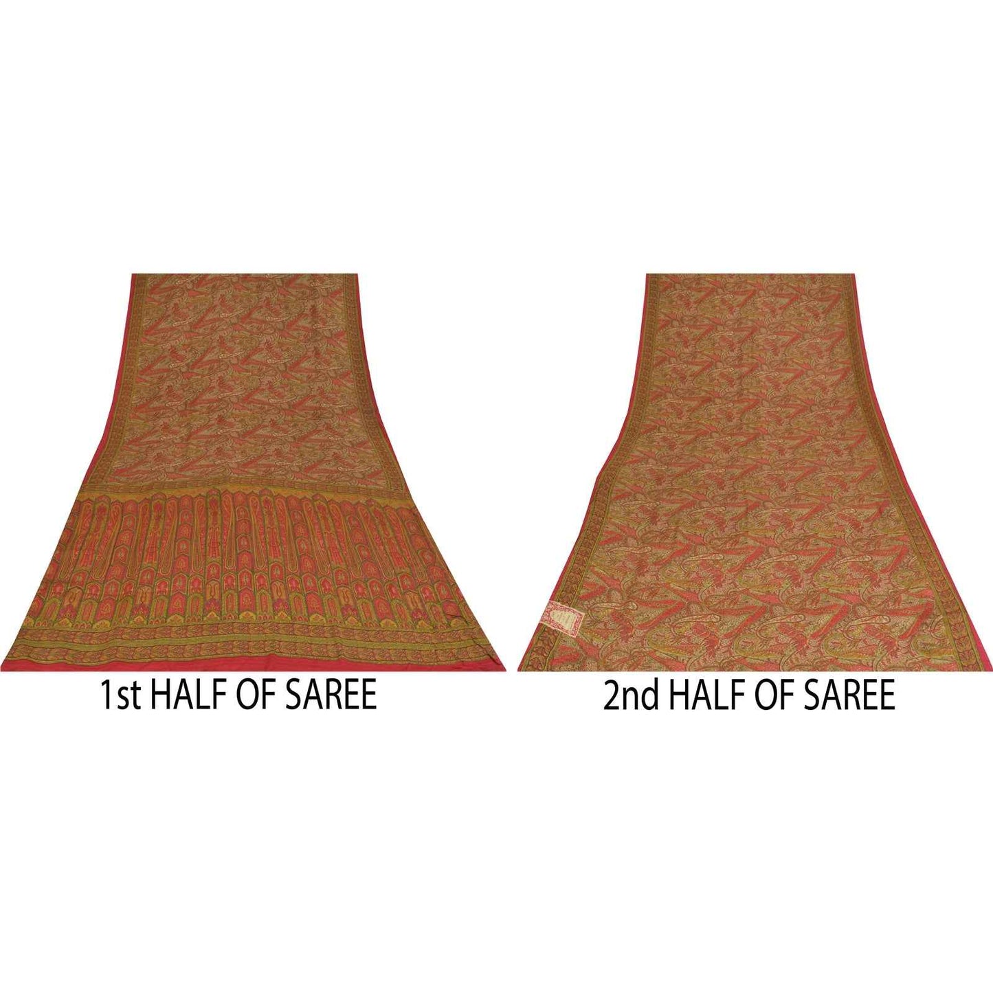 Sanskriti Vintage Sarees Red 100% Pure Crepe Silk Printed Sari 5+yd Craft Fabric