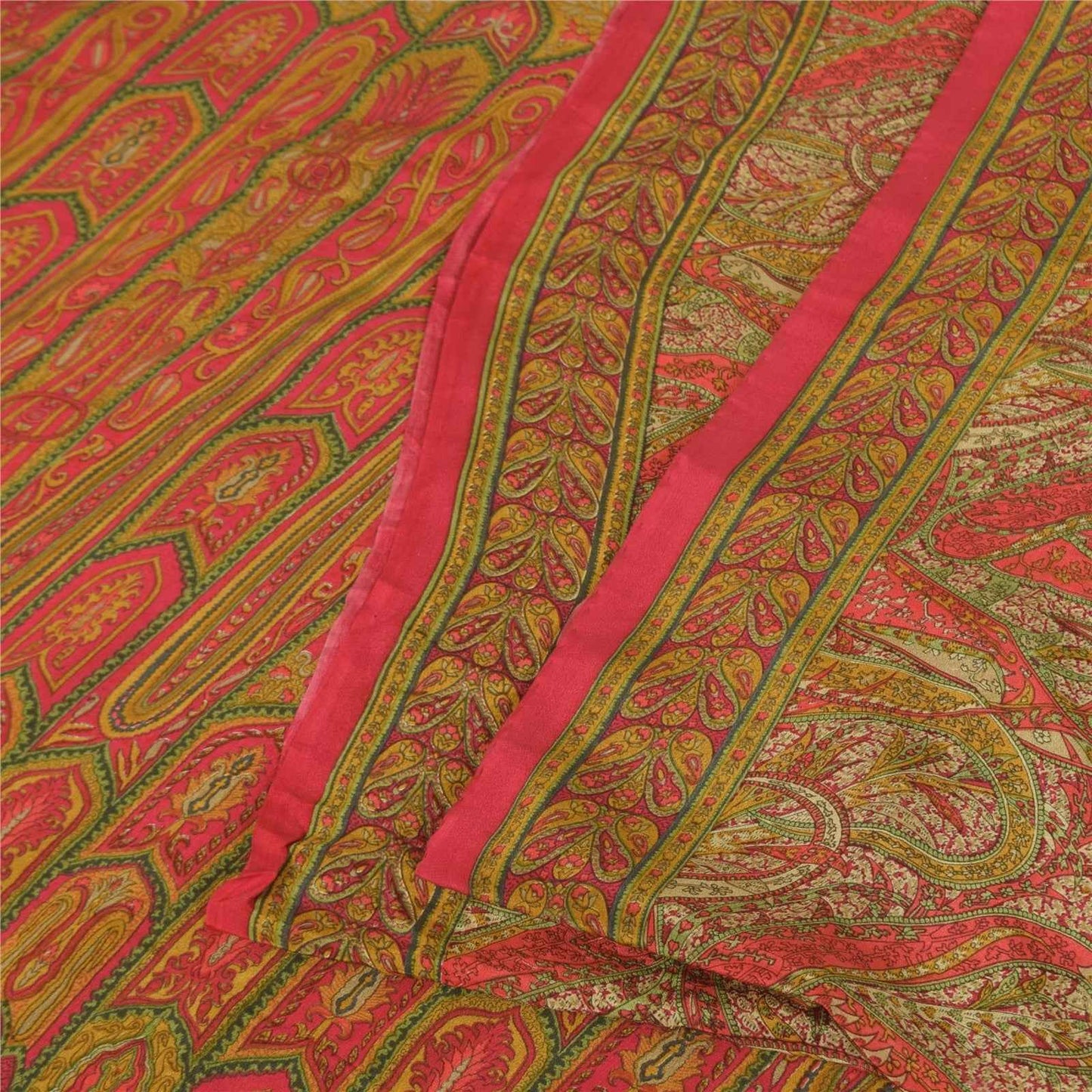Sanskriti Vintage Sarees Red 100% Pure Crepe Silk Printed Sari 5+yd Craft Fabric