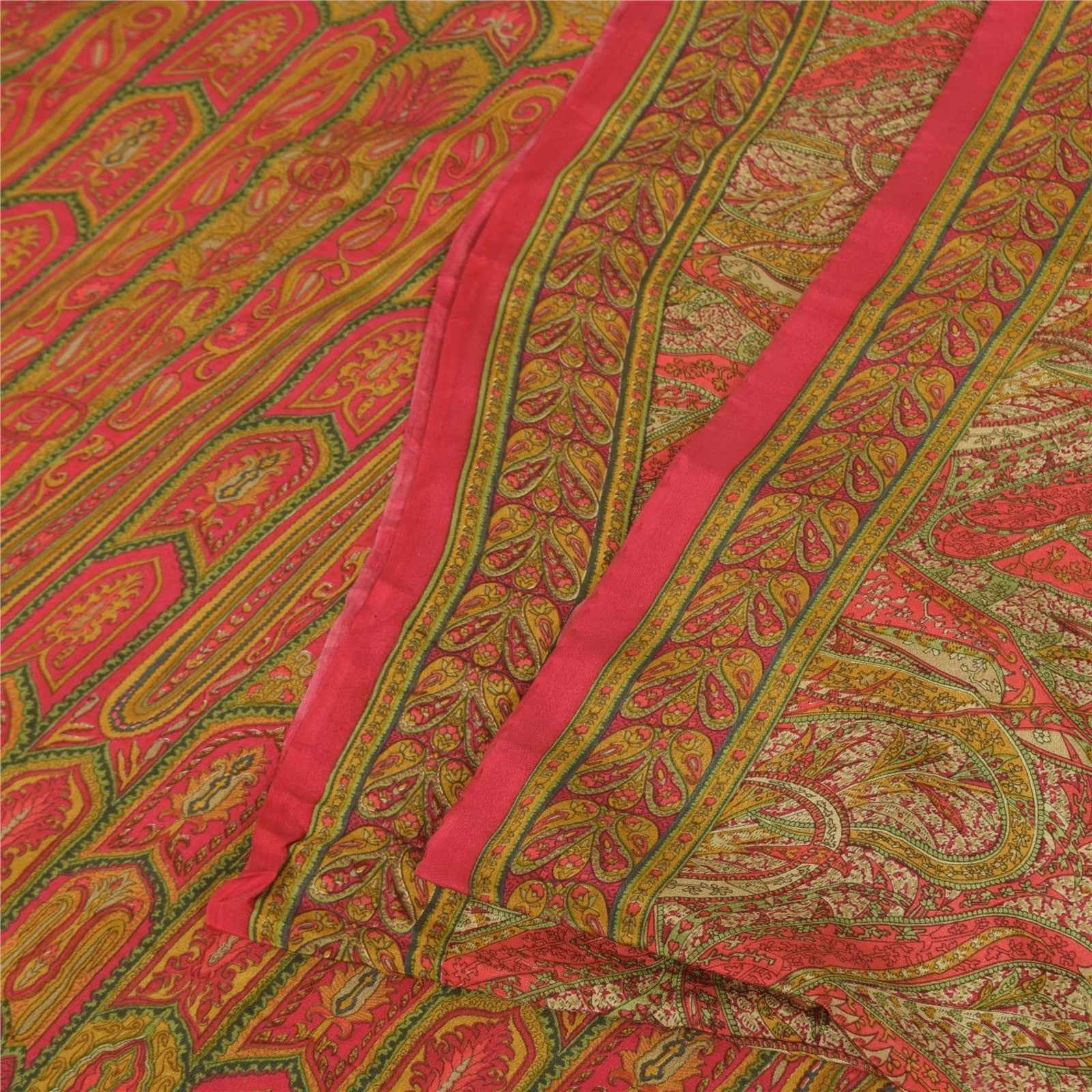 Sanskriti Vintage Sarees Red 100% Pure Crepe Silk Printed Sari 5+yd Craft Fabric