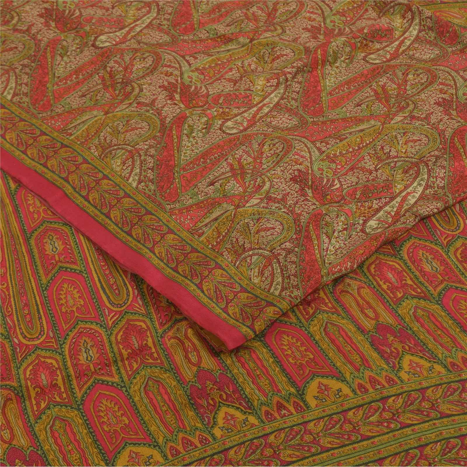 Sanskriti Vintage Sarees Red 100% Pure Crepe Silk Printed Sari 5+yd Craft Fabric