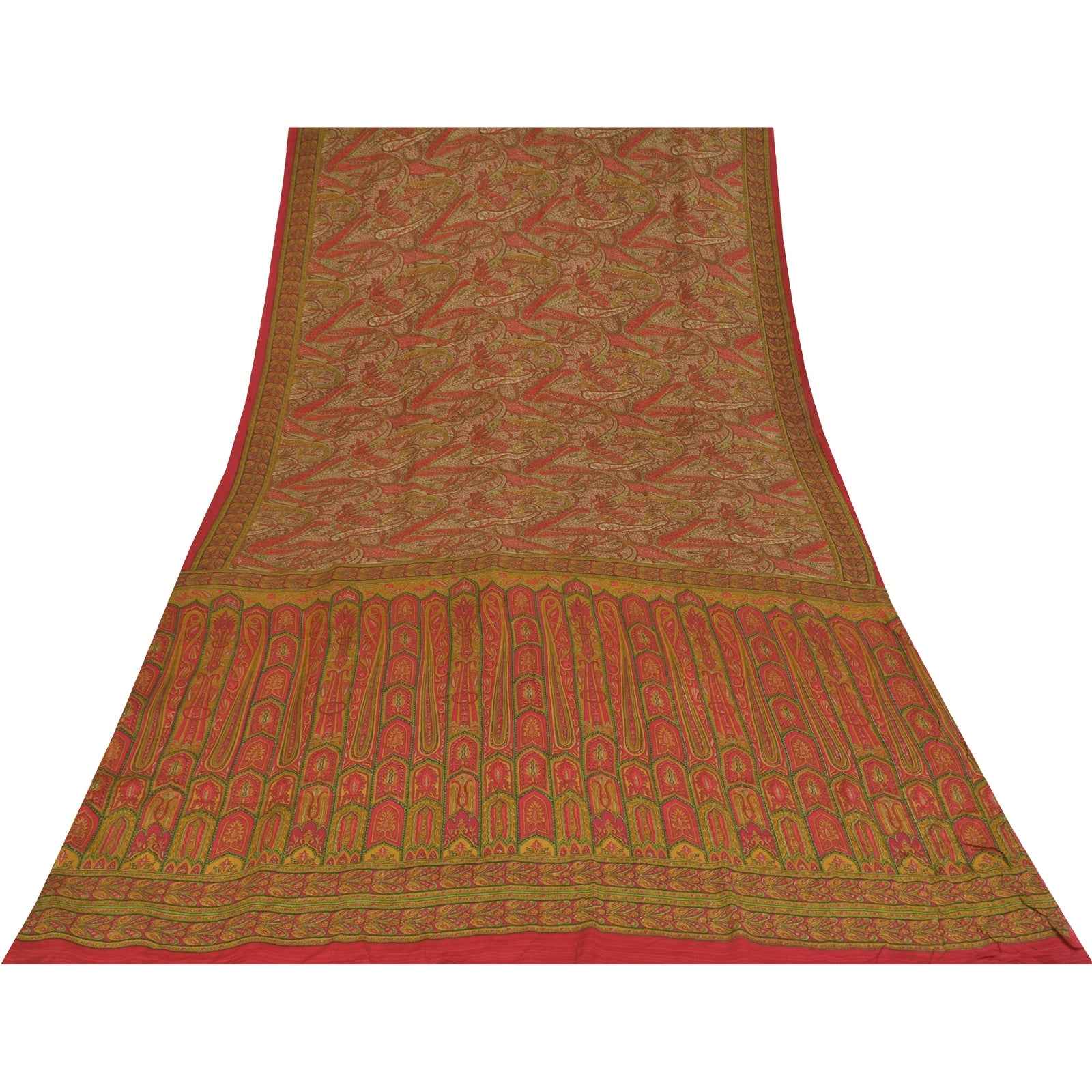 Sanskriti Vintage Sarees Red 100% Pure Crepe Silk Printed Sari 5+yd Craft Fabric