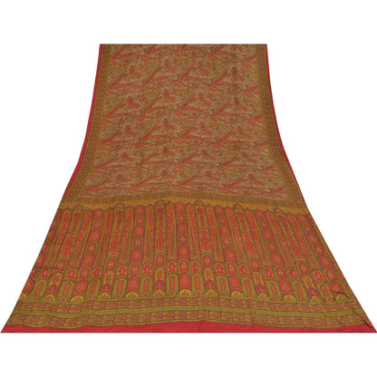 Sanskriti Vintage Sarees Red 100% Pure Crepe Silk Printed Sari 5+yd Craft Fabric