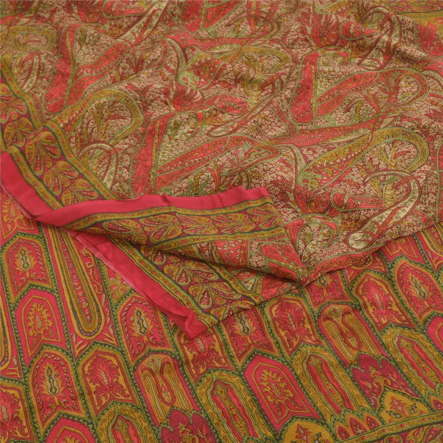 Sanskriti Vintage Sarees Red 100% Pure Crepe Silk Printed Sari 5+yd Craft Fabric