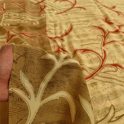 Sanskriti Vintage Sarees Cream Pure Crepe Silk Printed Sari 5+yd Craft Fabric
