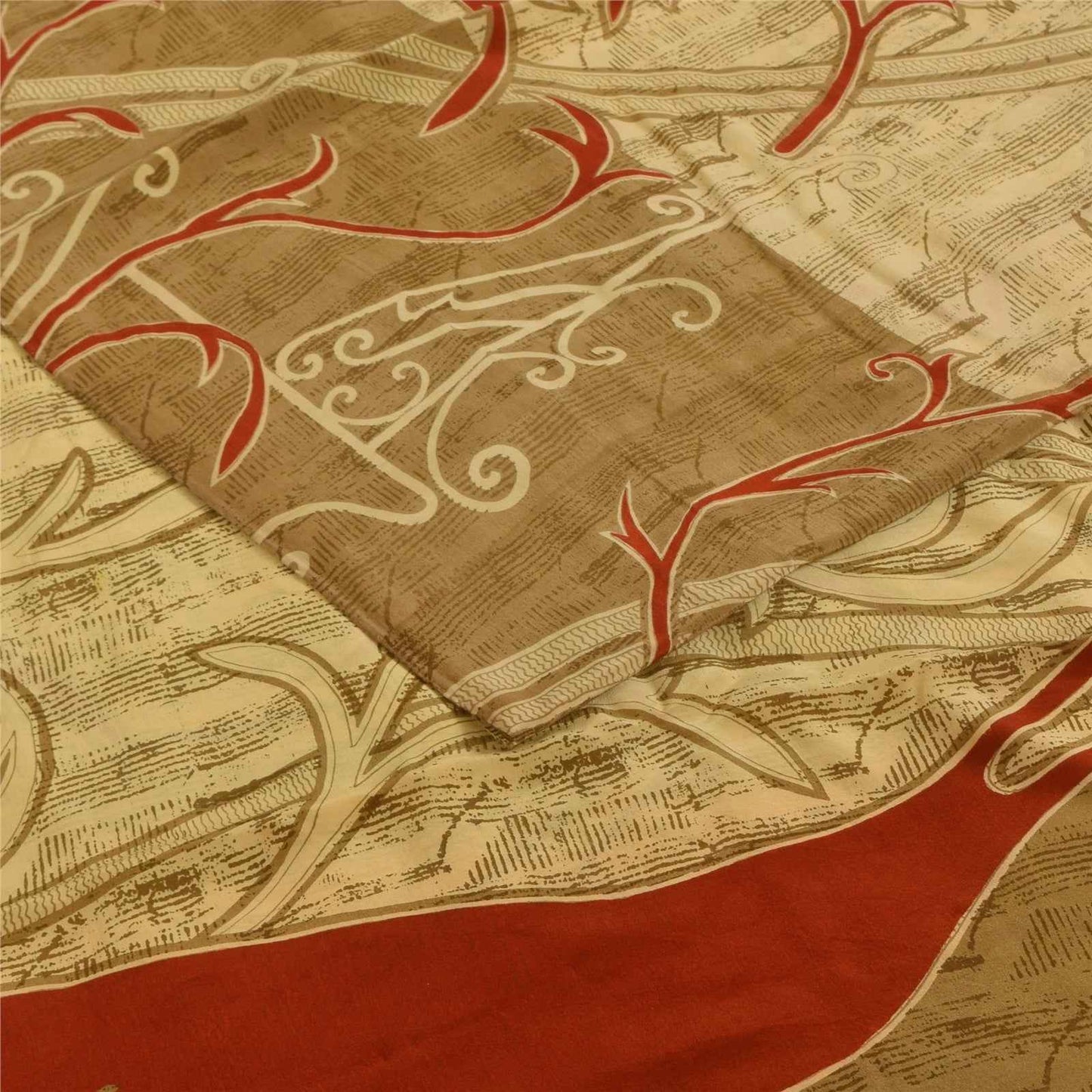 Sanskriti Vintage Sarees Cream Pure Crepe Silk Printed Sari 5+yd Craft Fabric