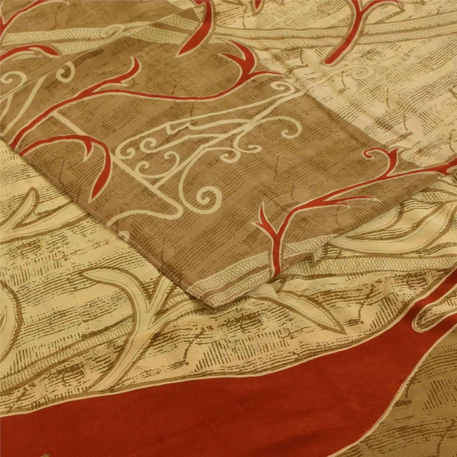 Sanskriti Vintage Sarees Cream Pure Crepe Silk Printed Sari 5+yd Craft Fabric