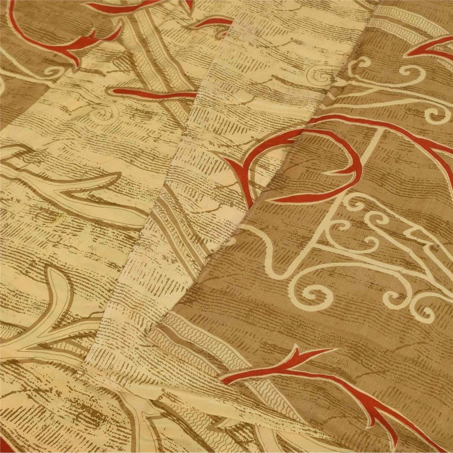 Sanskriti Vintage Sarees Cream Pure Crepe Silk Printed Sari 5+yd Craft Fabric