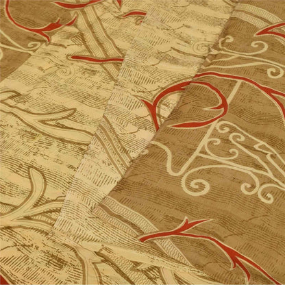Sanskriti Vintage Sarees Cream Pure Crepe Silk Printed Sari 5+yd Craft Fabric