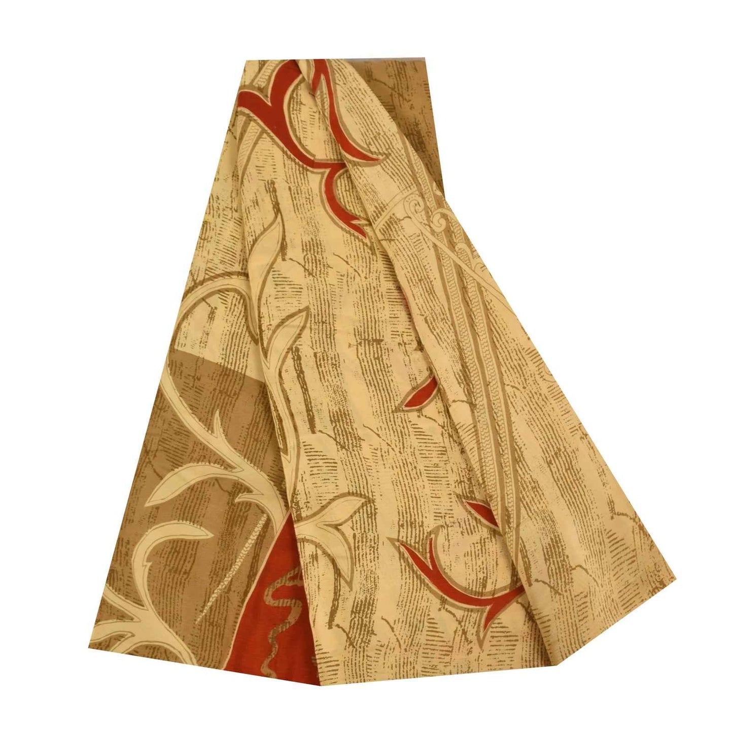 Sanskriti Vintage Sarees Cream Pure Crepe Silk Printed Sari 5+yd Craft Fabric