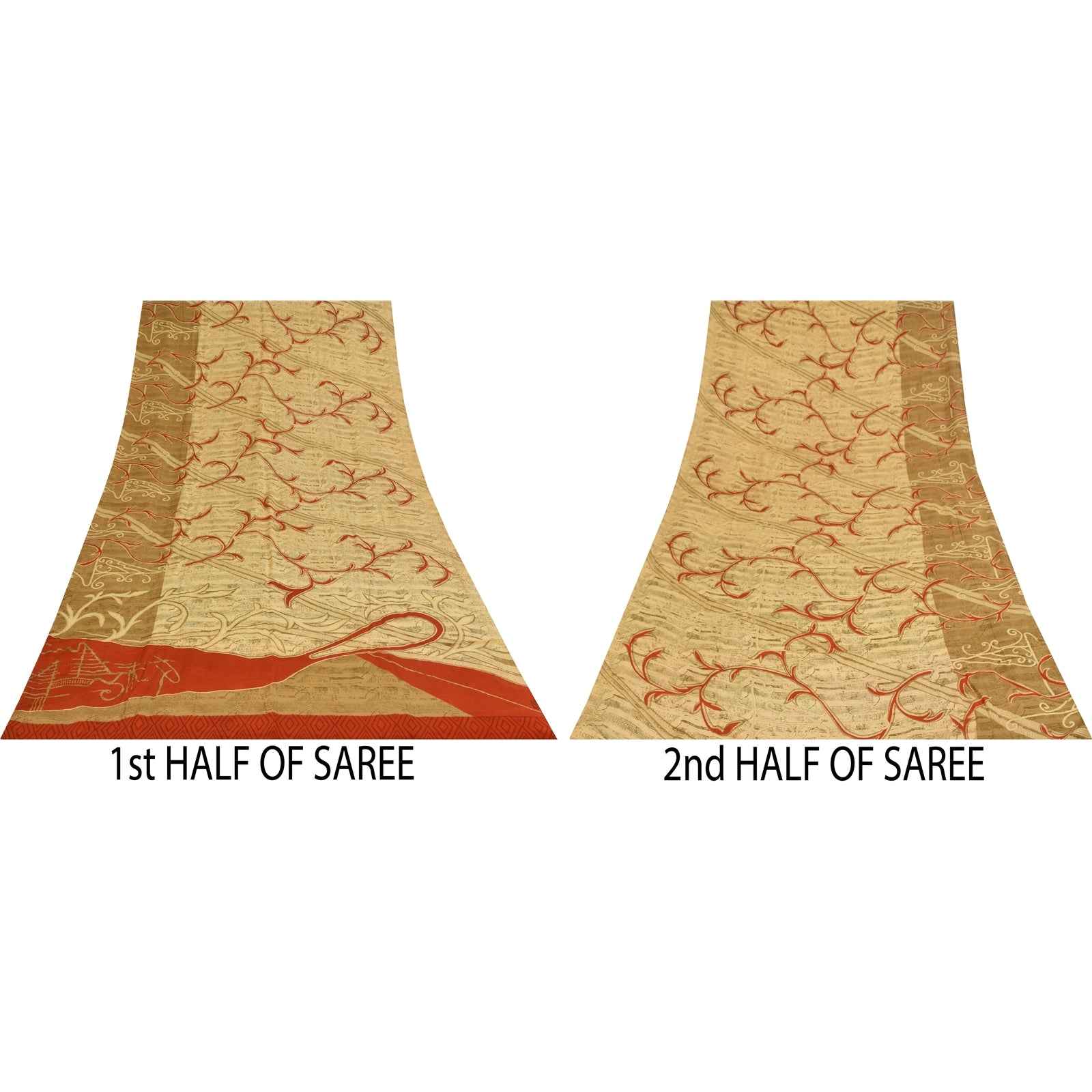 Sanskriti Vintage Sarees Cream Pure Crepe Silk Printed Sari 5+yd Craft Fabric