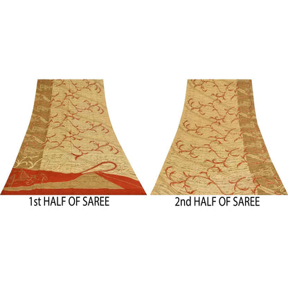 Sanskriti Vintage Sarees Cream Pure Crepe Silk Printed Sari 5+yd Craft Fabric
