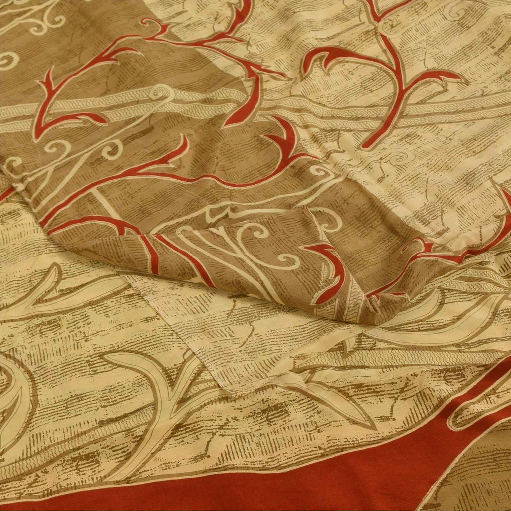 Sanskriti Vintage Sarees Cream Pure Crepe Silk Printed Sari 5+yd Craft Fabric