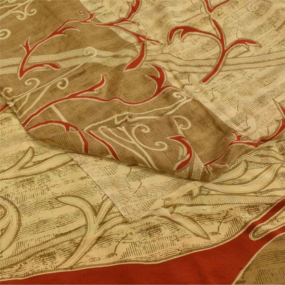 Sanskriti Vintage Sarees Cream Pure Crepe Silk Printed Sari 5+yd Craft Fabric