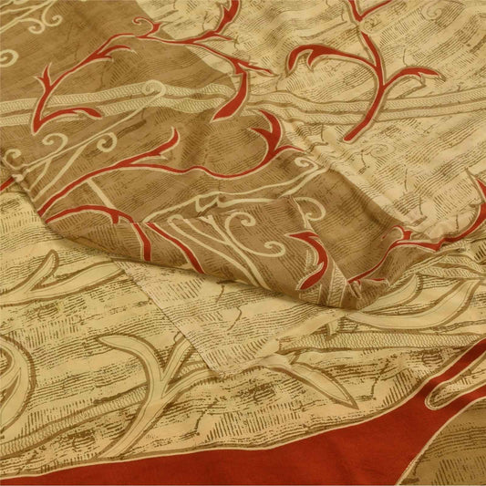 Sanskriti Vintage Sarees Cream Pure Crepe Silk Printed Sari 5+yd Craft Fabric