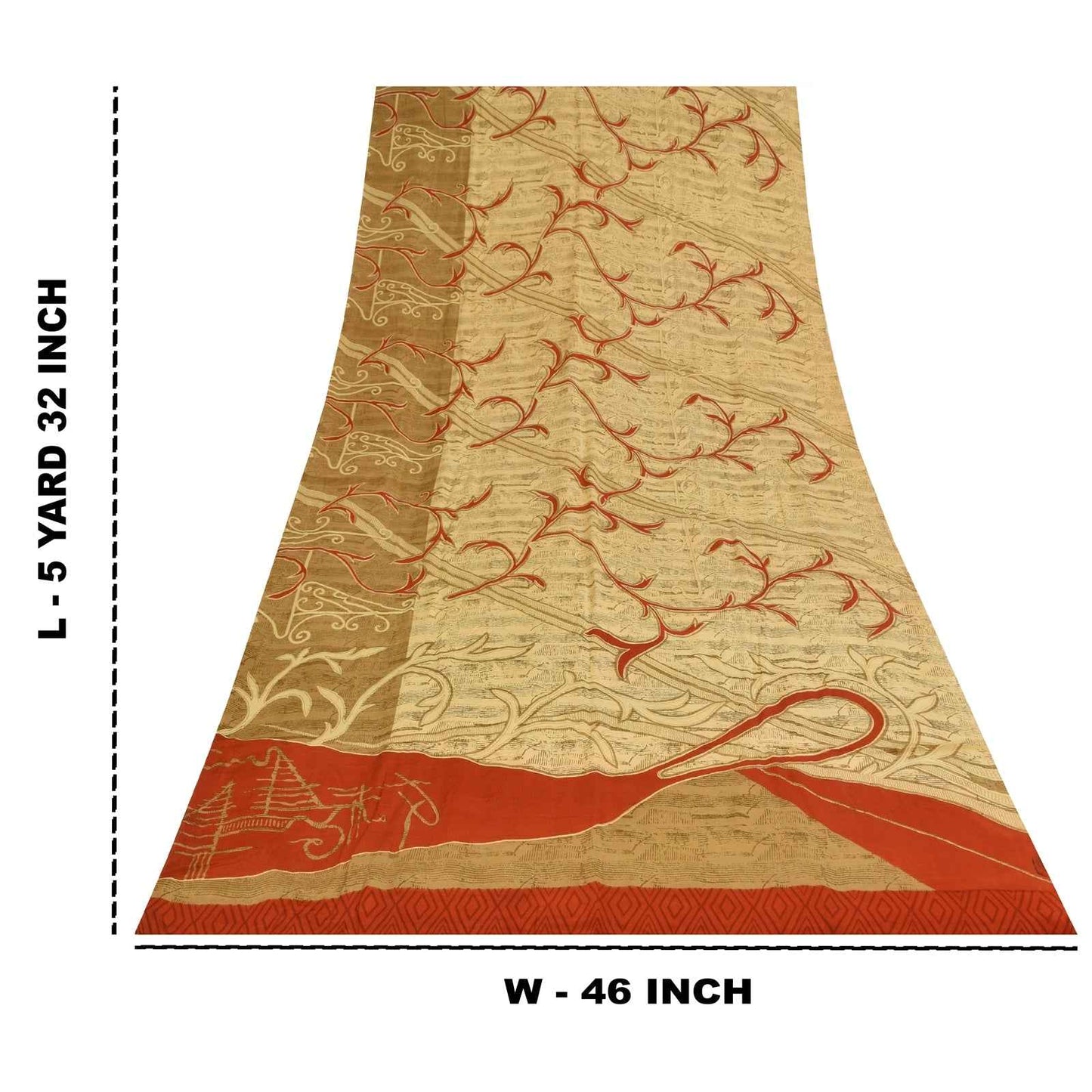 Sanskriti Vintage Sarees Cream Pure Crepe Silk Printed Sari 5+yd Craft Fabric