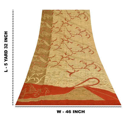 Sanskriti Vintage Sarees Cream Pure Crepe Silk Printed Sari 5+yd Craft Fabric