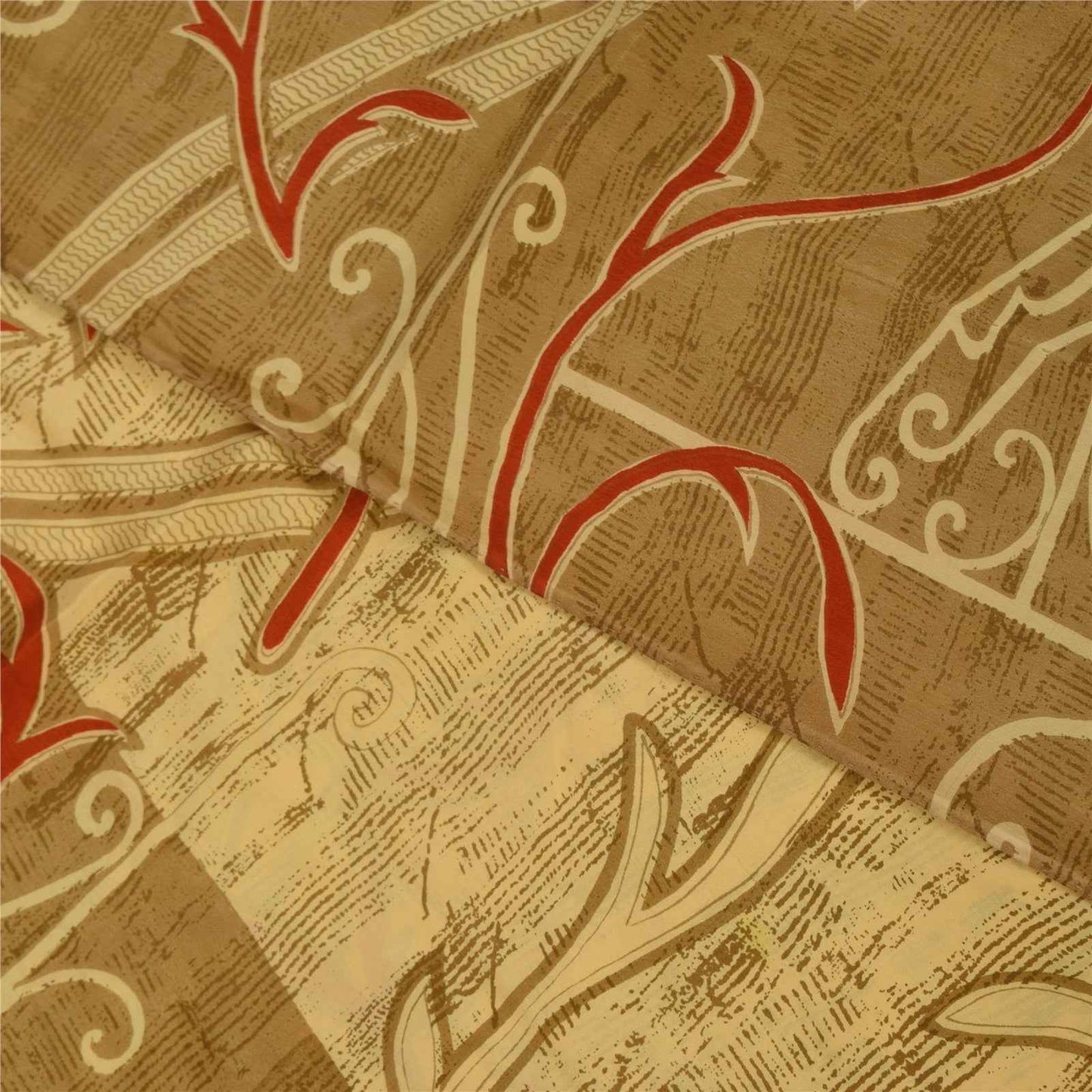 Sanskriti Vintage Sarees Cream Pure Crepe Silk Printed Sari 5+yd Craft Fabric