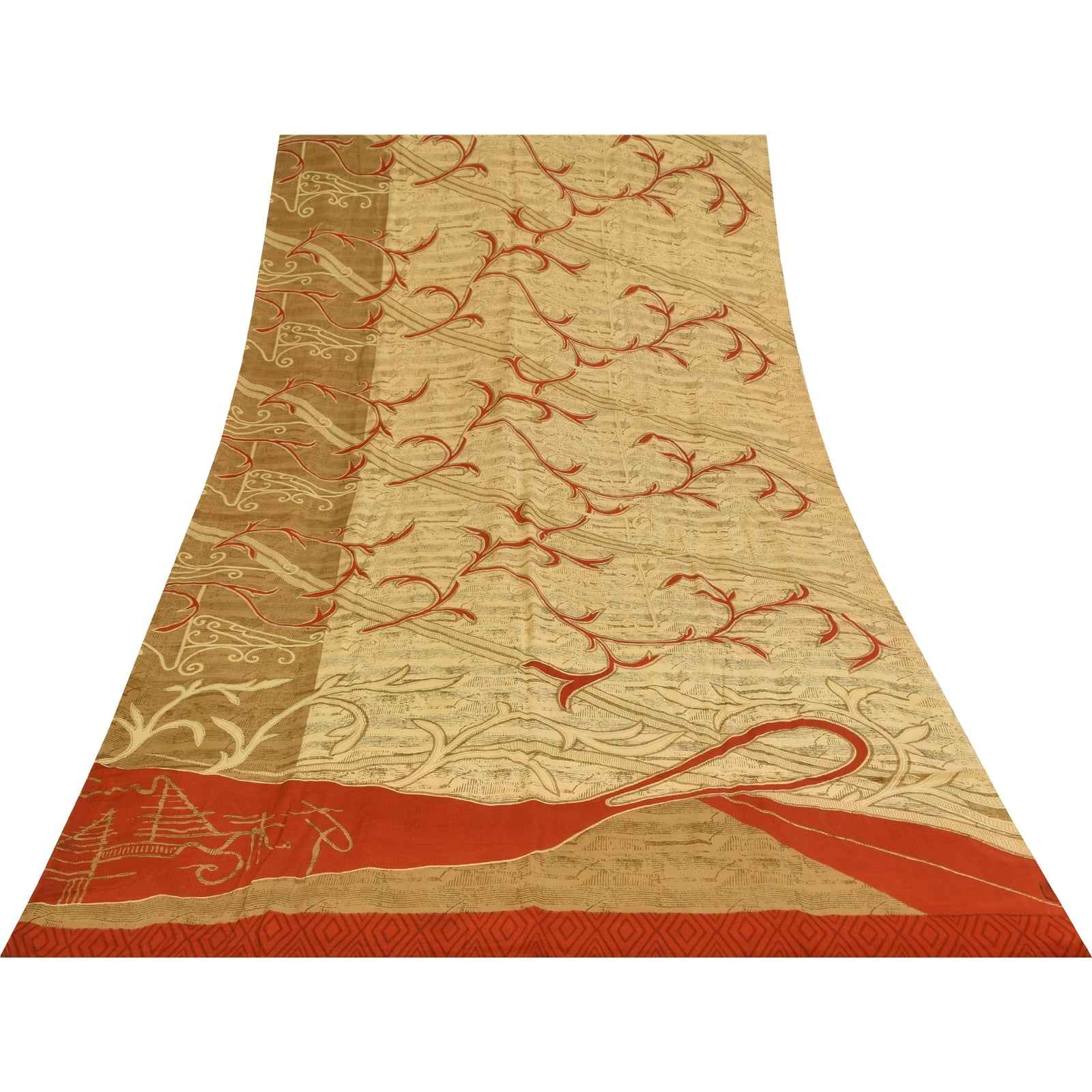 Sanskriti Vintage Sarees Cream Pure Crepe Silk Printed Sari 5+yd Craft Fabric