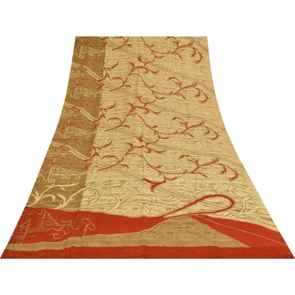 Sanskriti Vintage Sarees Cream Pure Crepe Silk Printed Sari 5+yd Craft Fabric