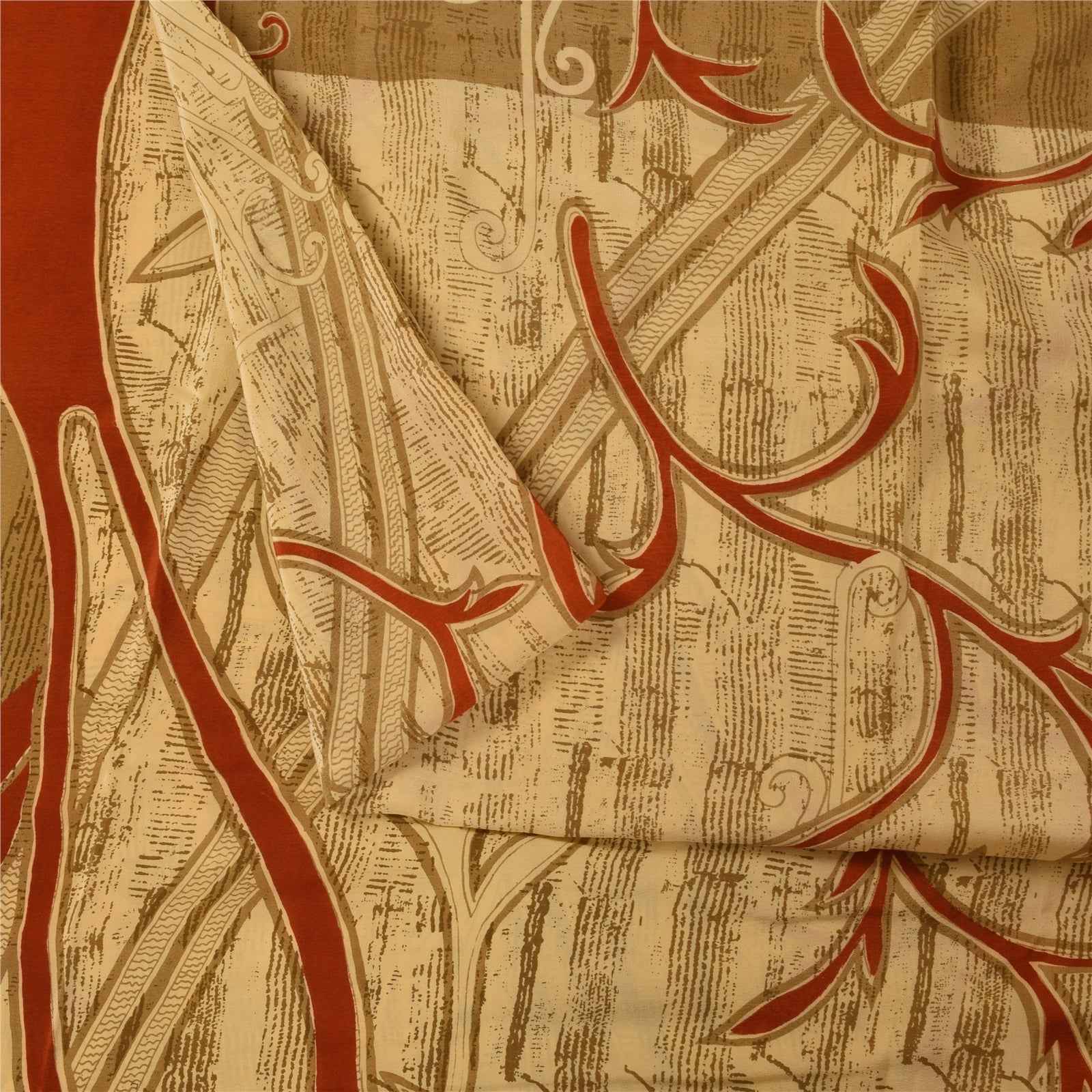 Sanskriti Vintage Sarees Cream Pure Crepe Silk Printed Sari 5+yd Craft Fabric