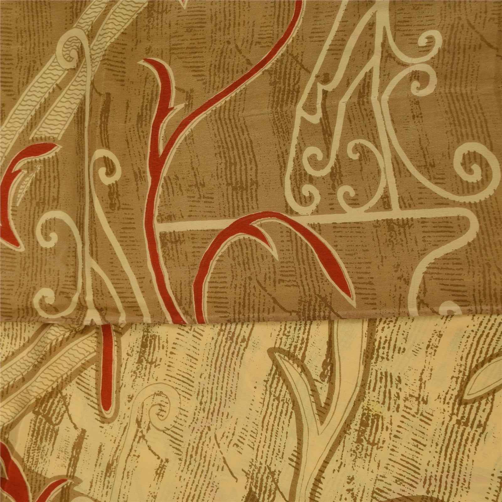 Sanskriti Vintage Sarees Cream Pure Crepe Silk Printed Sari 5+yd Craft Fabric