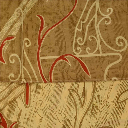 Sanskriti Vintage Sarees Cream Pure Crepe Silk Printed Sari 5+yd Craft Fabric
