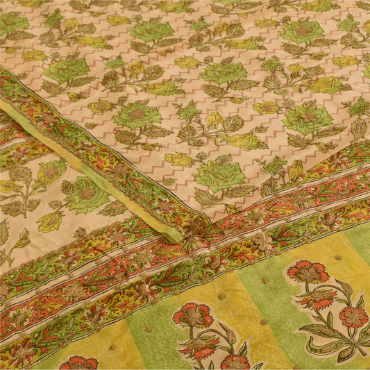 Sanskriti Vintage Sarees Cream Pure Crepe Silk Printed Sari 5+yd Craft Fabric