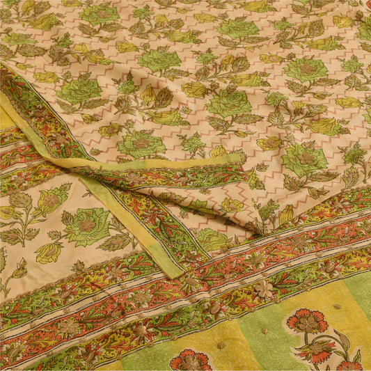 Sanskriti Vintage Sarees Cream Pure Crepe Silk Printed Sari 5+yd Craft Fabric