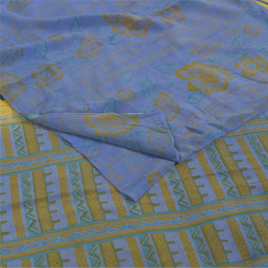 Sanskriti Vintage Sarees Yellow & Pink Pure Crepe Printed Sari 5+yd Craft Fabric