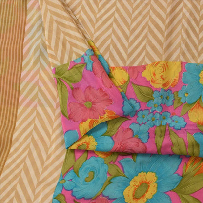 Sanskriti Vintage Sarees Peach Pure Crepe Silk Printed Sari 5+yd Craft Fabric