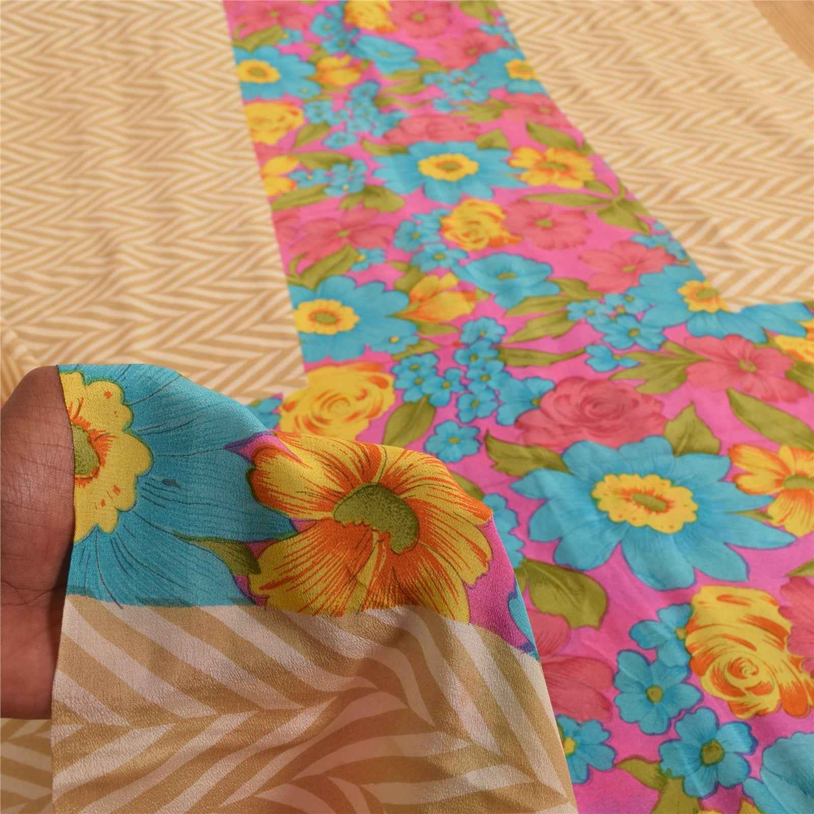 Sanskriti Vintage Sarees Peach Pure Crepe Silk Printed Sari 5+yd Craft Fabric