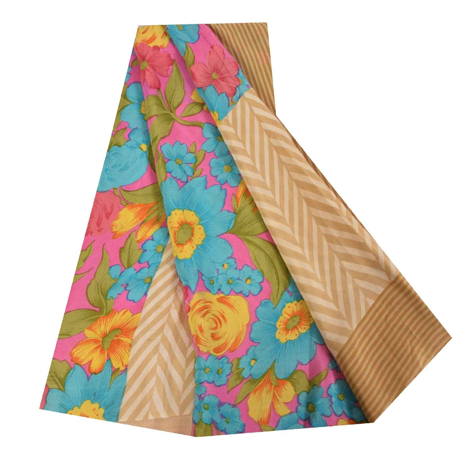 Sanskriti Vintage Sarees Peach Pure Crepe Silk Printed Sari 5+yd Craft Fabric