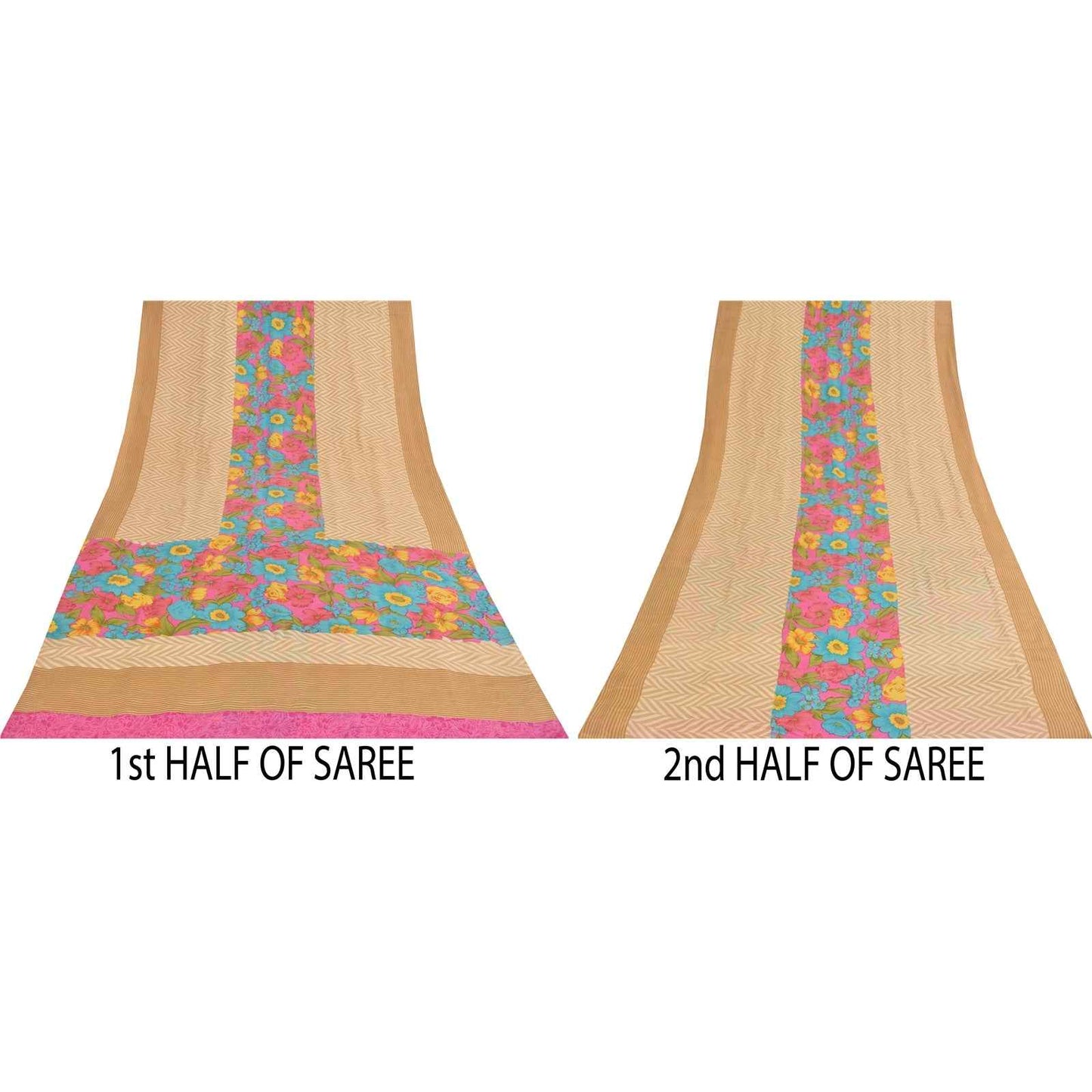 Sanskriti Vintage Sarees Peach Pure Crepe Silk Printed Sari 5+yd Craft Fabric