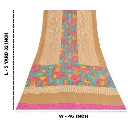 Sanskriti Vintage Sarees Peach Pure Crepe Silk Printed Sari 5+yd Craft Fabric