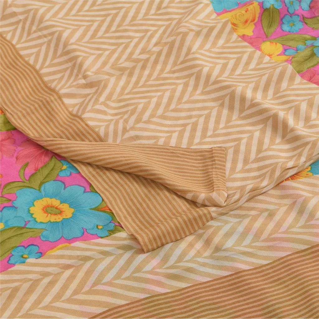 Sanskriti Vintage Sarees Peach Pure Crepe Silk Printed Sari 5+yd Craft Fabric