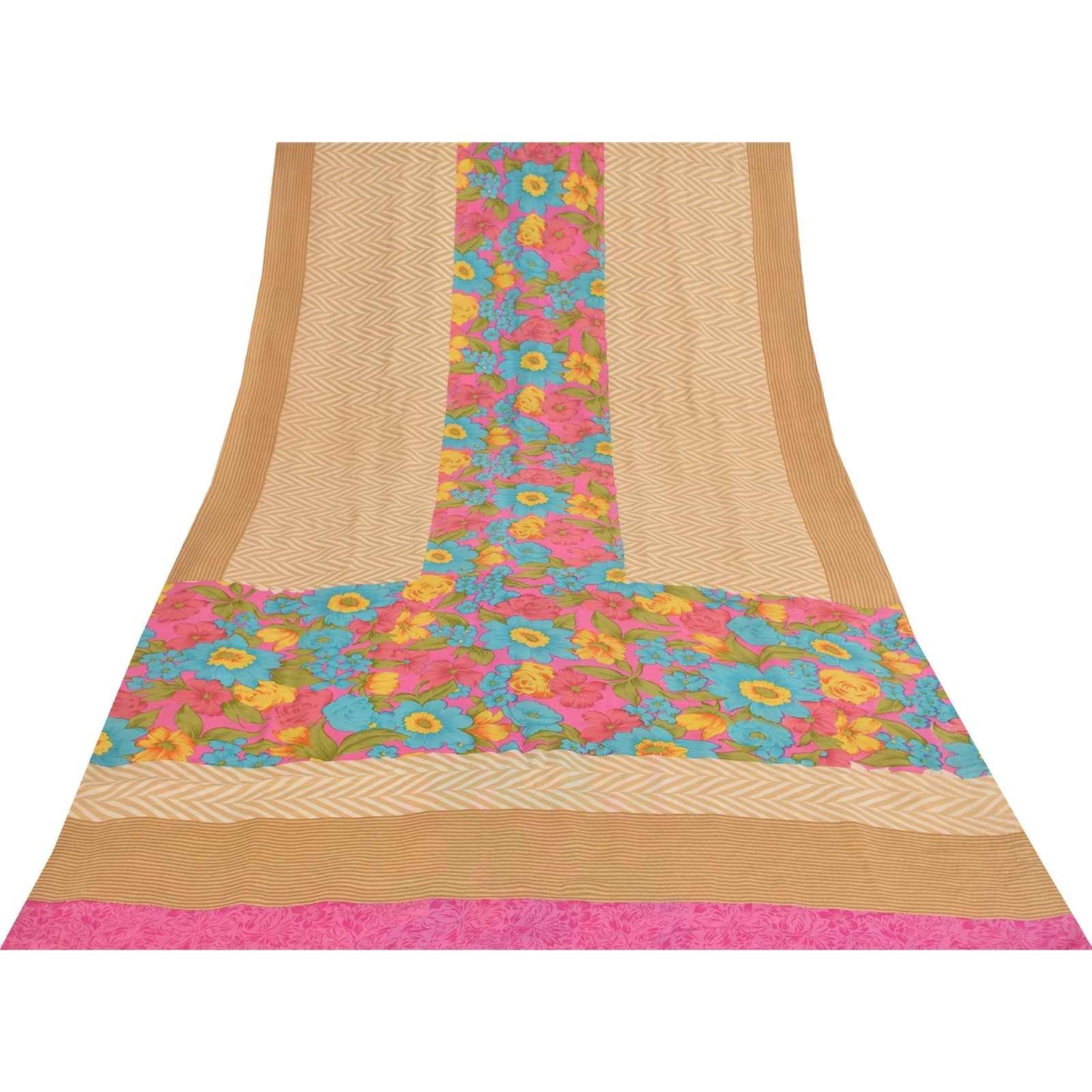 Sanskriti Vintage Sarees Peach Pure Crepe Silk Printed Sari 5+yd Craft Fabric