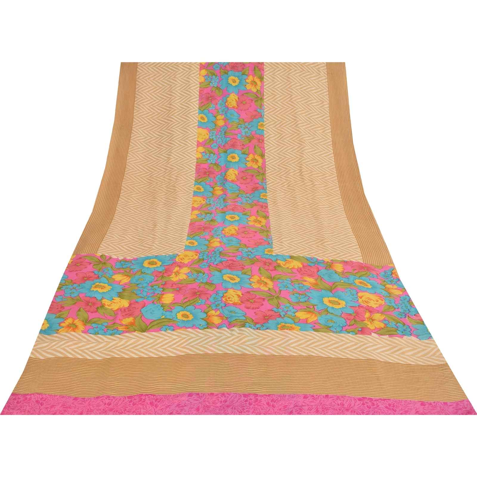 Sanskriti Vintage Sarees Peach Pure Crepe Silk Printed Sari 5+yd Craft Fabric