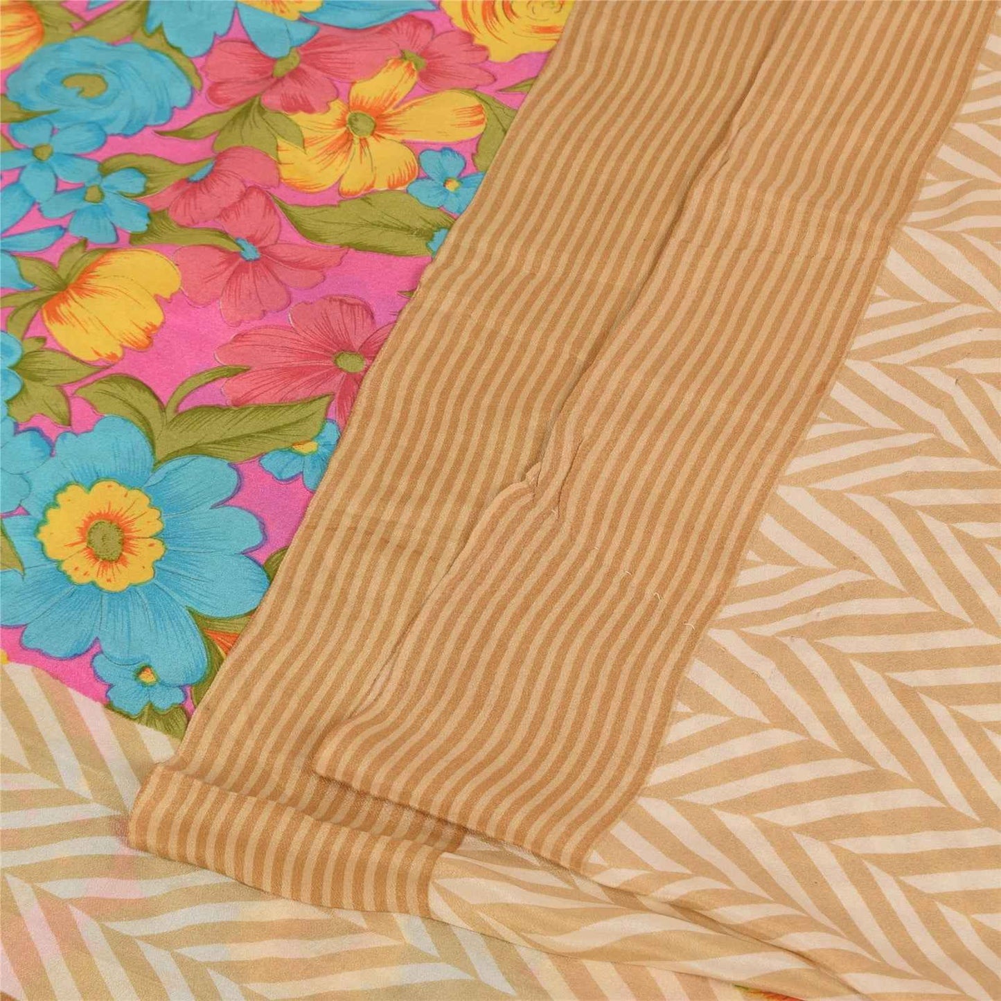 Sanskriti Vintage Sarees Peach Pure Crepe Silk Printed Sari 5+yd Craft Fabric