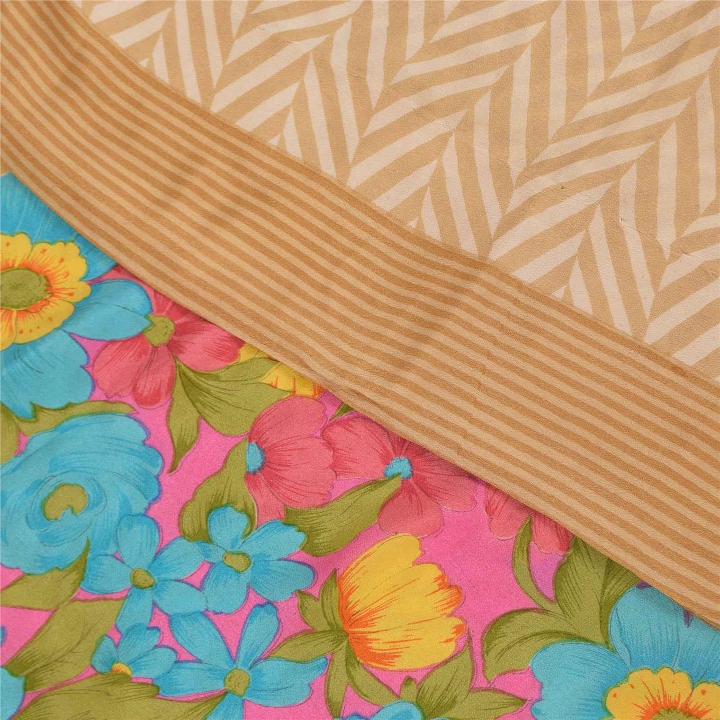 Sanskriti Vintage Sarees Peach Pure Crepe Silk Printed Sari 5+yd Craft Fabric