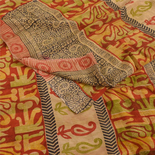 Sanskriti Vintage Sarees Red 100% Pure Crepe Silk Printed Sari 5+yd Craft Fabric