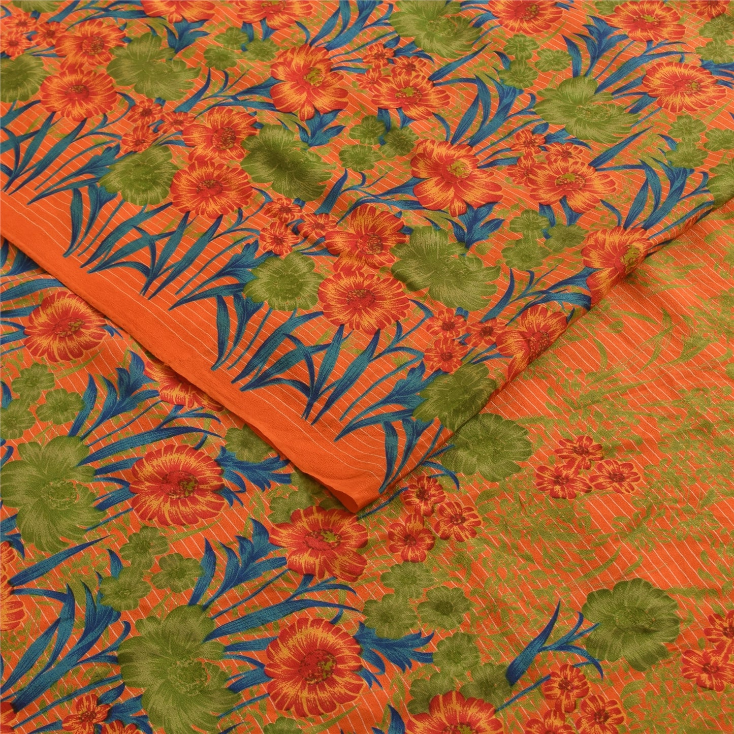 Sanskriti Vintage Sarees Orange Pure Crepe Silk Printed Sari 5+yd Craft Fabric