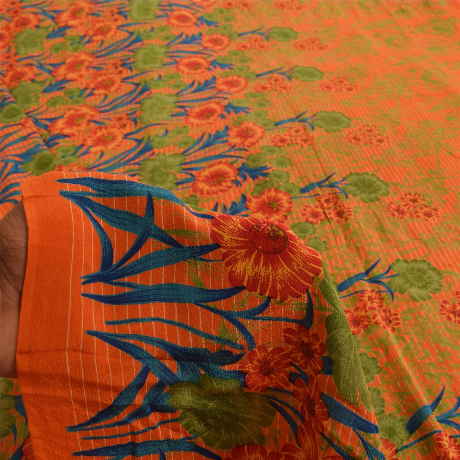 Sanskriti Vintage Sarees Orange Pure Crepe Silk Printed Sari 5+yd Craft Fabric