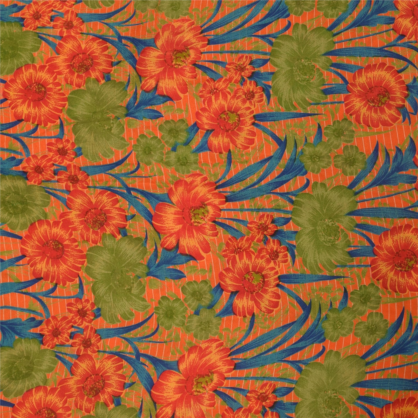 Sanskriti Vintage Sarees Orange Pure Crepe Silk Printed Sari 5+yd Craft Fabric