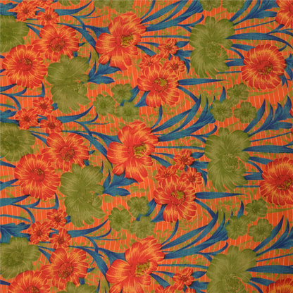 Sanskriti Vintage Sarees Orange Pure Crepe Silk Printed Sari 5+yd Craft Fabric