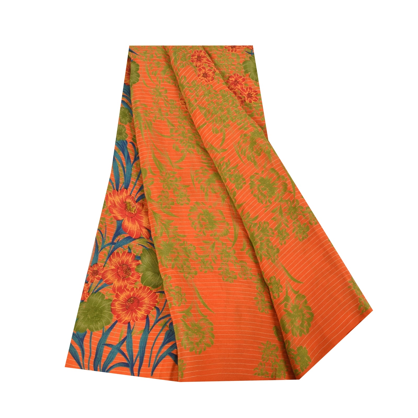 Sanskriti Vintage Sarees Orange Pure Crepe Silk Printed Sari 5+yd Craft Fabric