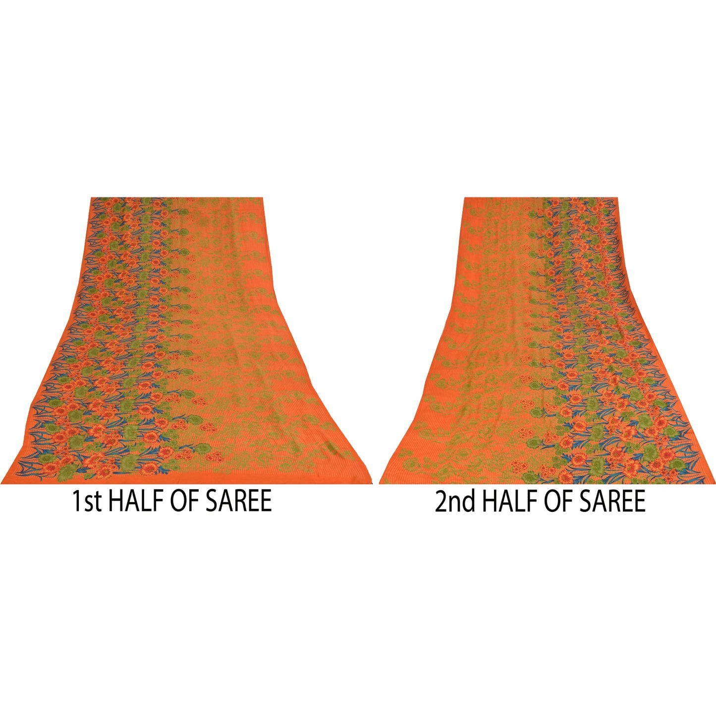 Sanskriti Vintage Sarees Orange Pure Crepe Silk Printed Sari 5+yd Craft Fabric