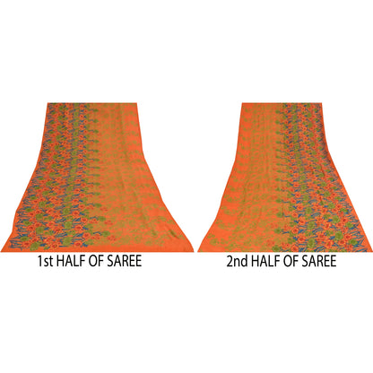 Sanskriti Vintage Sarees Orange Pure Crepe Silk Printed Sari 5+yd Craft Fabric